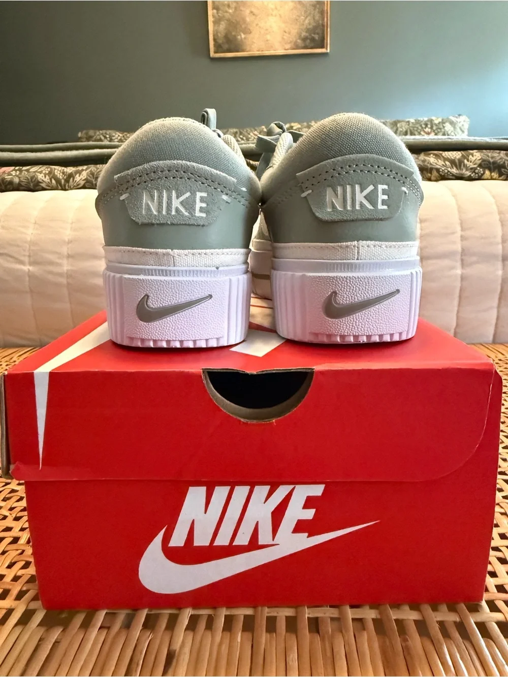 Nike Women's Sage Green Platform Sneakers with White Swoosh and Thick Sole